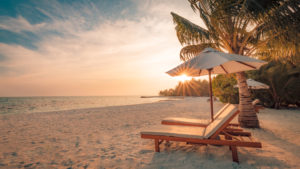 Vacation in tropical countries. Beach chairs, umbrella and palm trees on the beach.